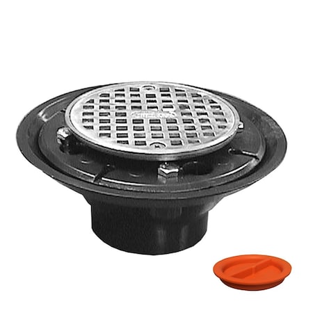 Jones Stephens 2inX3in ABS Shower Drain with 2in Brass Spud and 4in Round SS Strainer with Test Plug D50401TP